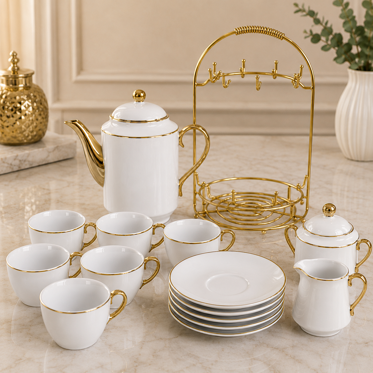 Conjunto Classic de 14 peças em porcelana branca com filete dourado e suporte organizador