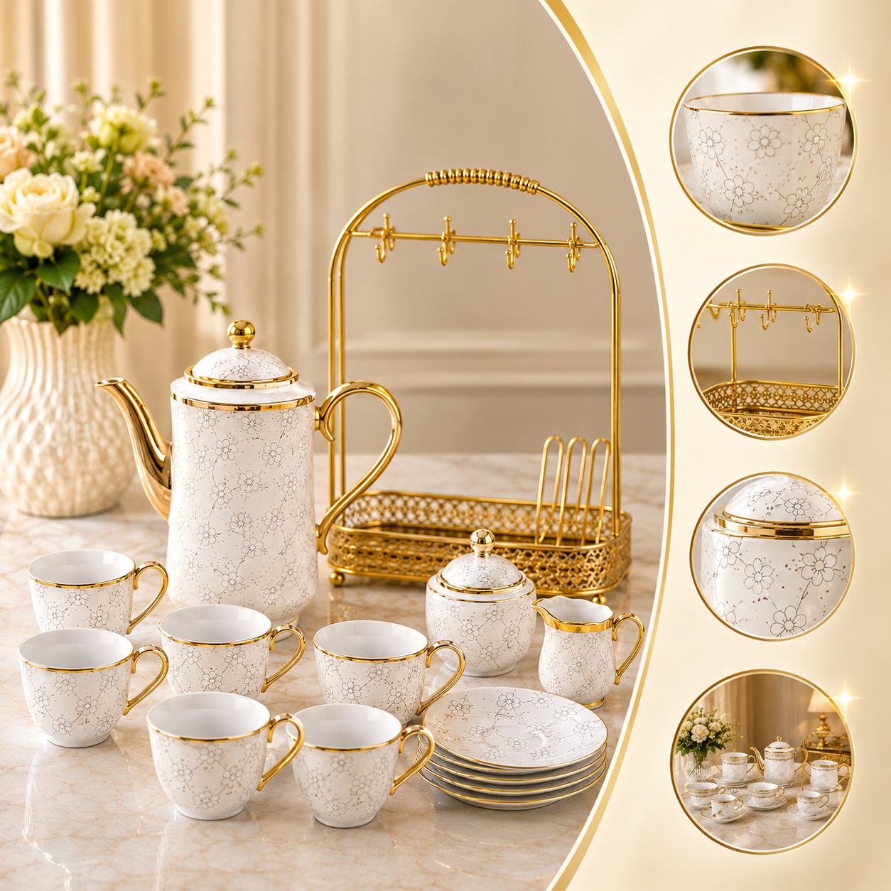 Detalhes do acabamento em porcelana branca com bordas douradas e suporte metálico