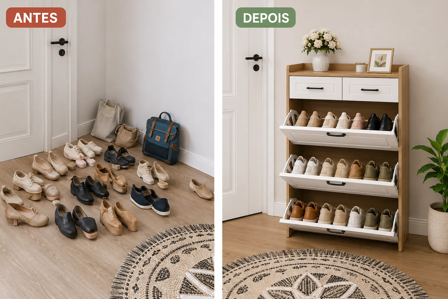 Comparação antes e depois: sapatos espalhados pelo chão do hall e, depois, organizados no armário organizador de sapatos VivaLar