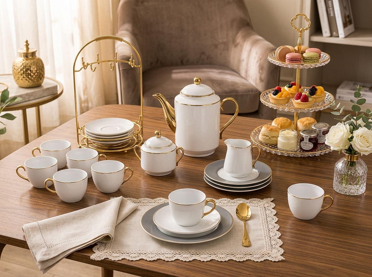 Conjunto de chá e café servido em mesa de madeira com suporte dourado e doces