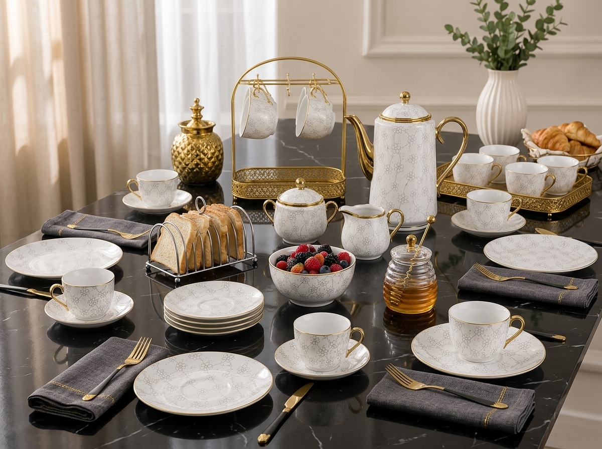 Mesa posta com o conjunto de chá e café em porcelana branca com detalhes dourados