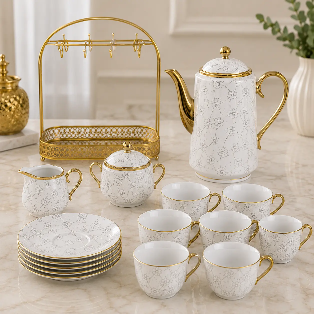 Conjunto Imperial de 16 peças com bule, açucareiro, leiteira, xícaras, pires e suporte dourado