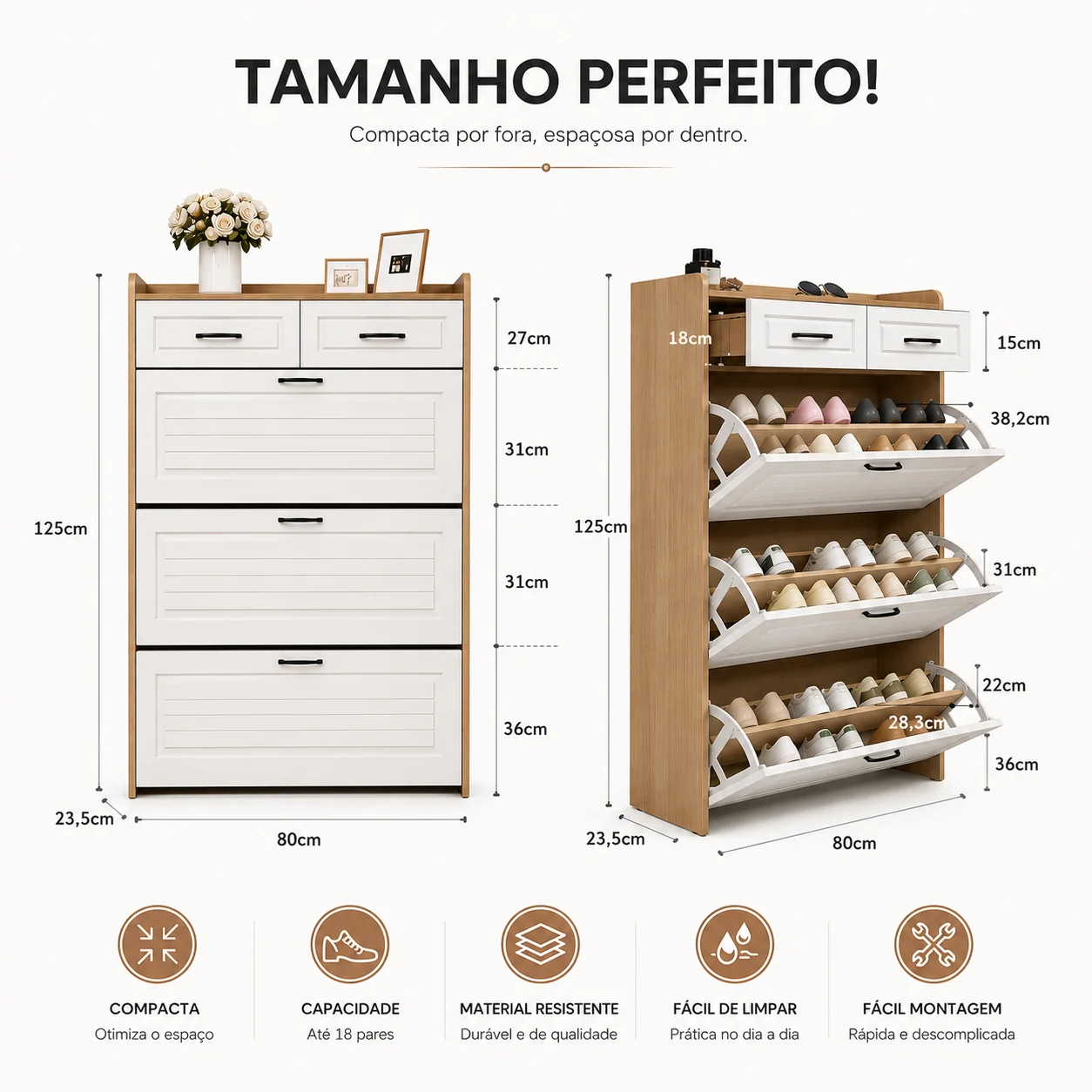 Infográfico com as medidas da sapateira: 125 cm de altura, 80 cm de largura e 23,5 cm de profundidade, com capacidade para até 18 pares